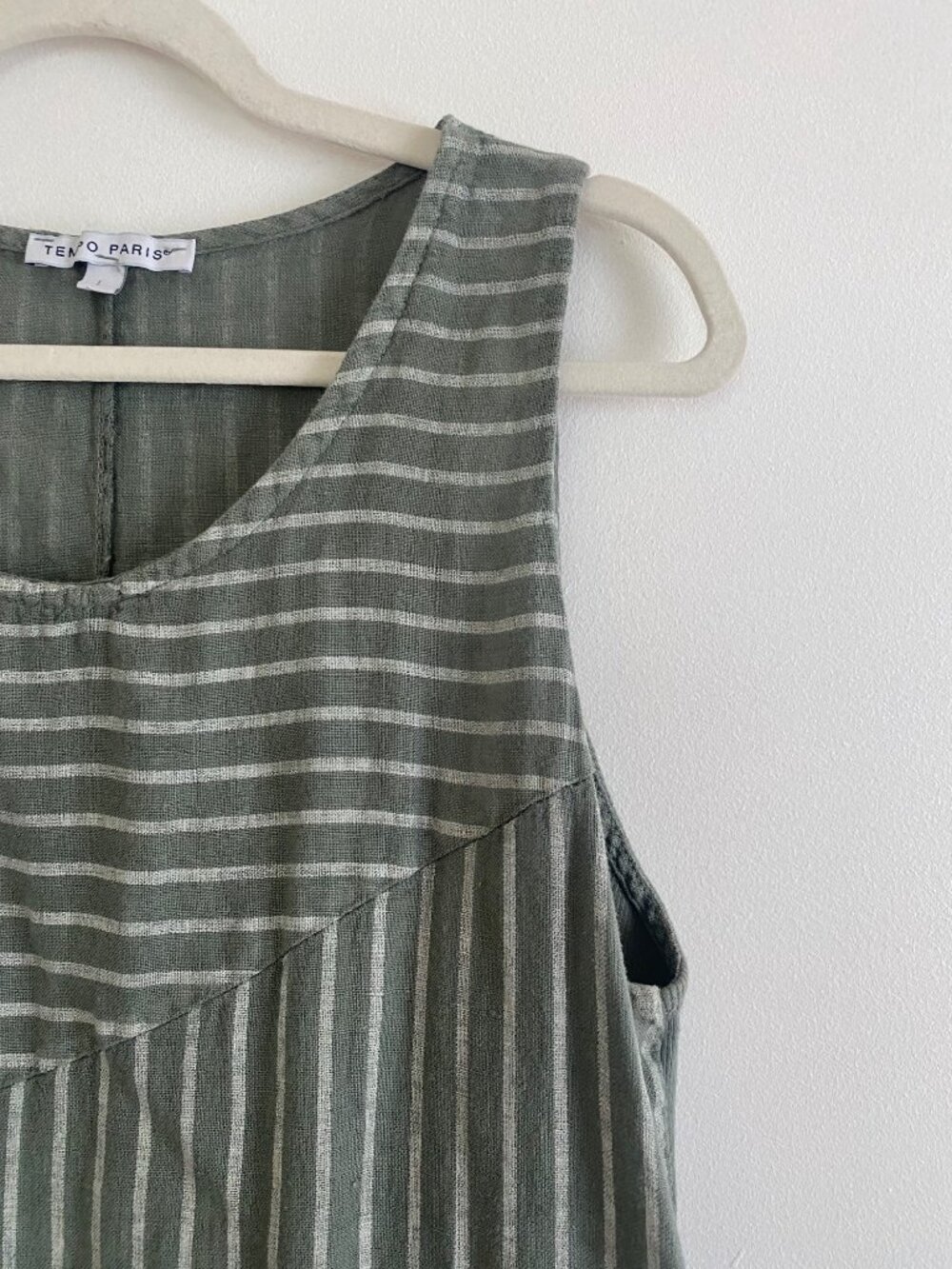 Tempo Paris Green Striped Sleeveless Asymmetric Hem 100% Linen Dress Size L - Picture 2 of 6